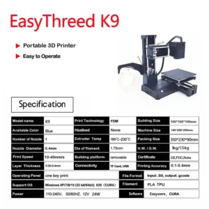 EasyThreed 3D Printer K9 for Beginners Mini Entry Level with Low Noise Small 3D Printing Machine Compatible Wiht PLA TPU 1.75mm
