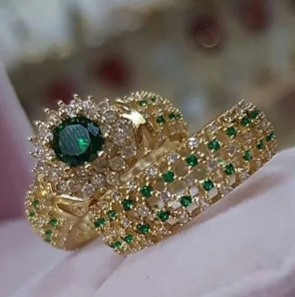 kf Sf293cebf2b5548f0a4307d7e6b88ff40J Exquisite Gold Color Hip Hop Rings for Women Fashion Inlaid Zircon Green Stones Wedding Rings Set