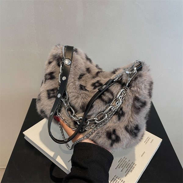 Winter Plush Bags Chain Shoulder Bag Women Flowers Print Handbags - Image 4