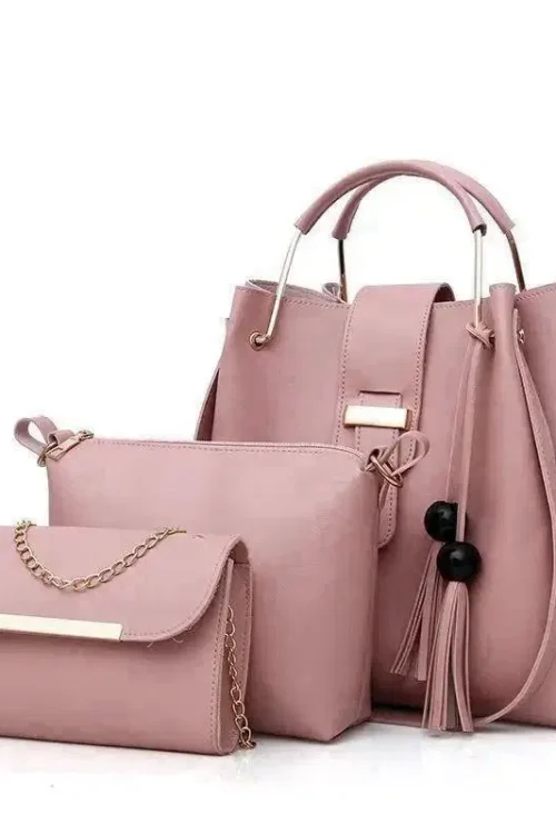 Stylish Women’s PU Leather Hand Bag Set – 3 Pcs in Pink